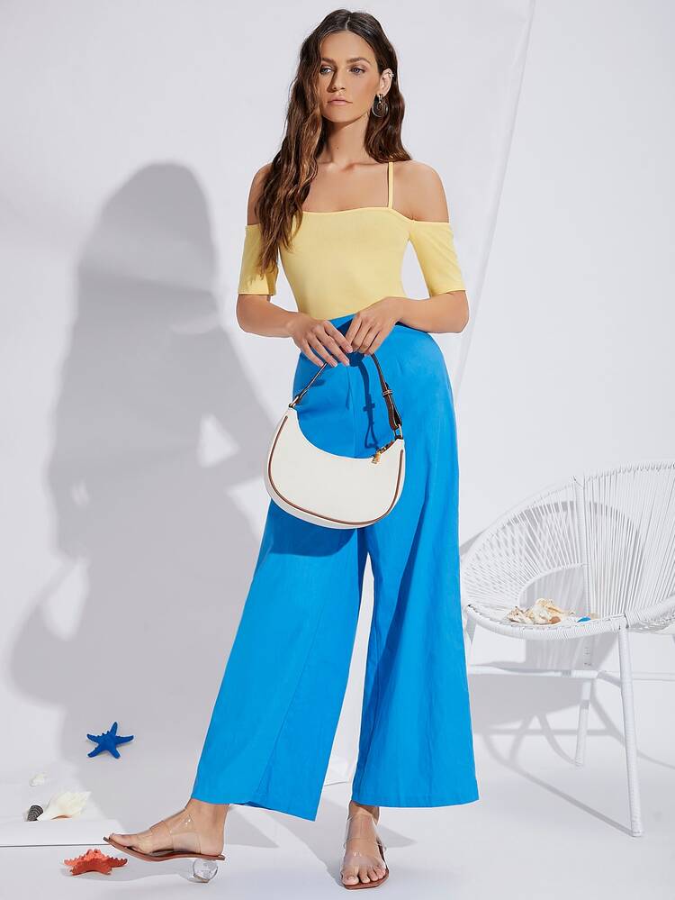 SHEIN Cold Shoulder Solid Tee - Yellow - View 3