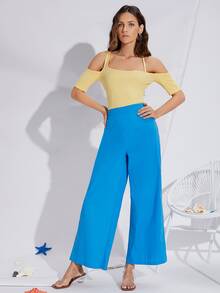SHEIN Cold Shoulder Solid Tee - Yellow - View 4