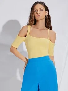 SHEIN Cold Shoulder Solid Tee - Yellow - View 5