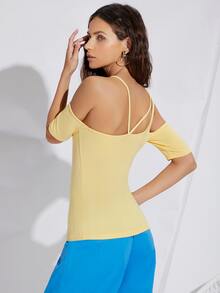 SHEIN Cold Shoulder Solid Tee - Yellow - View 6