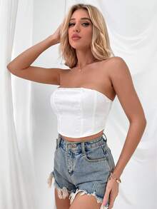 SHEIN Privé Áo nữ Dây kéo màu trơn Gợi cảm - trắng - Xem 4