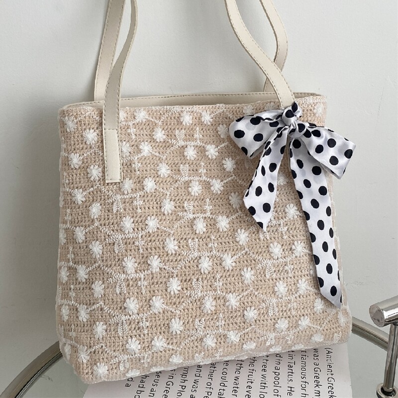 

Floral Straw Tote Bag, Beige