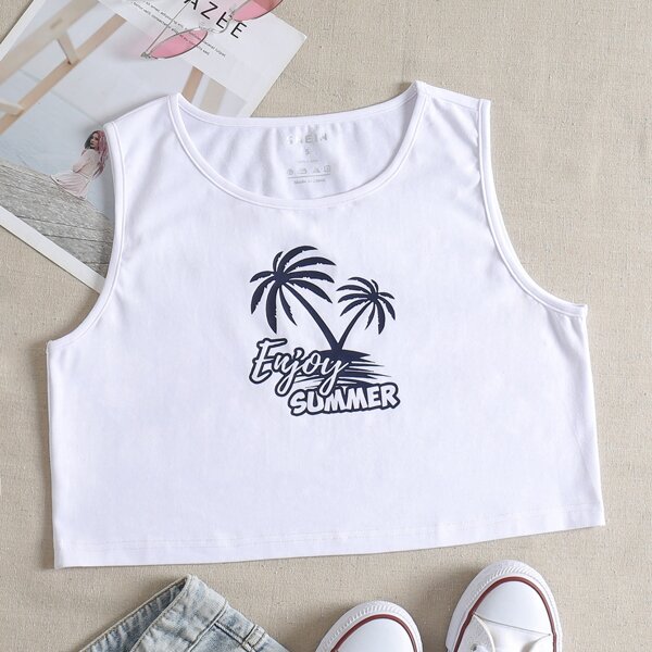 

Tropical & Slogan Print Tank Top, White