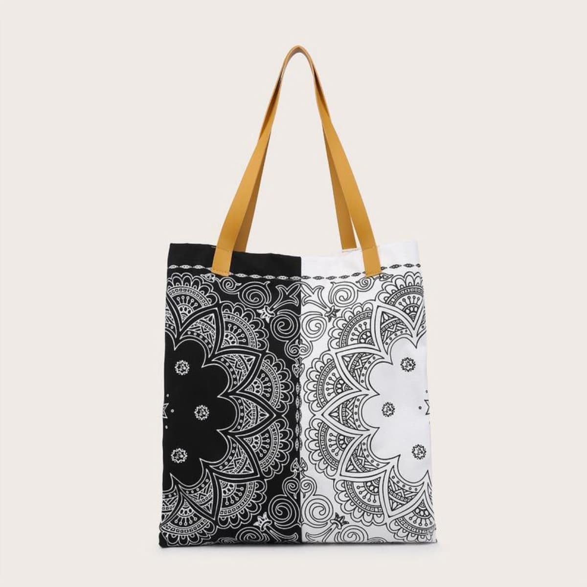 

Colorblock Floral Tote Bag, Black and white