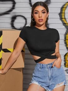 Muchica Cutout Hem Solid Tee - Black - View 1