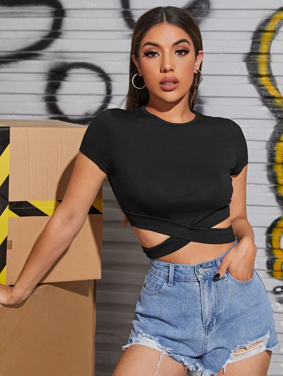 Muchica Cutout Hem Solid Tee - Black - View 1