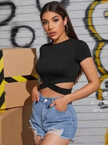 Muchica Cutout Hem Solid Tee - Black - View 3