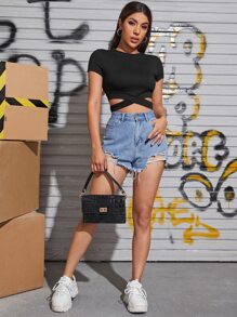 Muchica Cutout Hem Solid Tee - Black - View 4