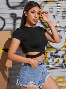 Muchica Cutout Hem Solid Tee - Black - View 5