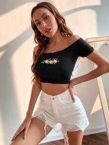 Floral Print Slim Top - Black - View 5