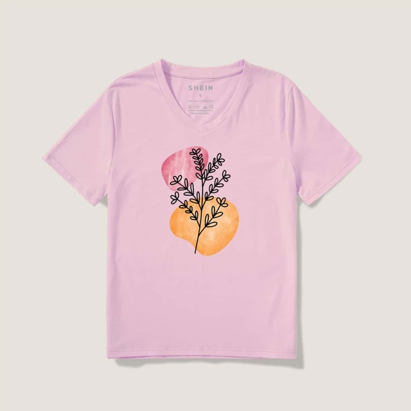 

Plants Print V Neck Tee, Baby pink