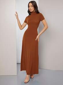 SHEIN High Neck Solid Dress - Rust Brown - View 1