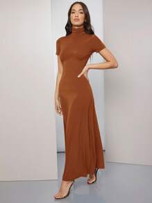 SHEIN High Neck Solid Dress - Rust Brown - View 3