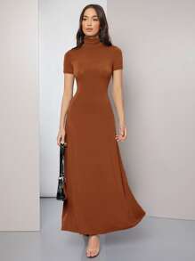 SHEIN High Neck Solid Dress - Rust Brown - View 5