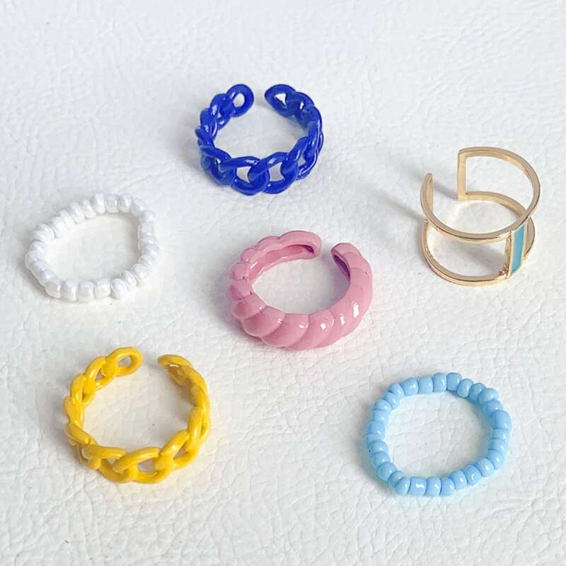 

6pcs Chain & Beaded Ring, Multicolor