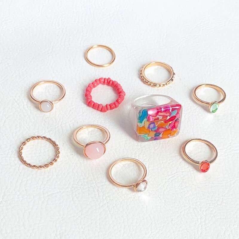 

10pcs Rhinestone & Beaded Ring, Multicolor