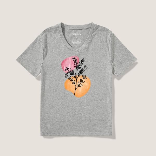 

Plants Print V Neck Tee, Grey