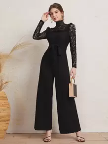 SHEIN Mock Neck Lace Bodice Belted Jumpsuit - Black - View 1