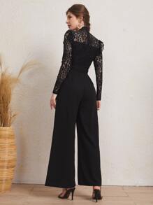 SHEIN Mock Neck Lace Bodice Belted Jumpsuit - Black - View 2