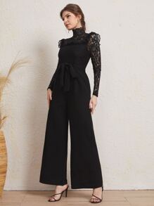 SHEIN Mock Neck Lace Bodice Belted Jumpsuit - Black - View 3
