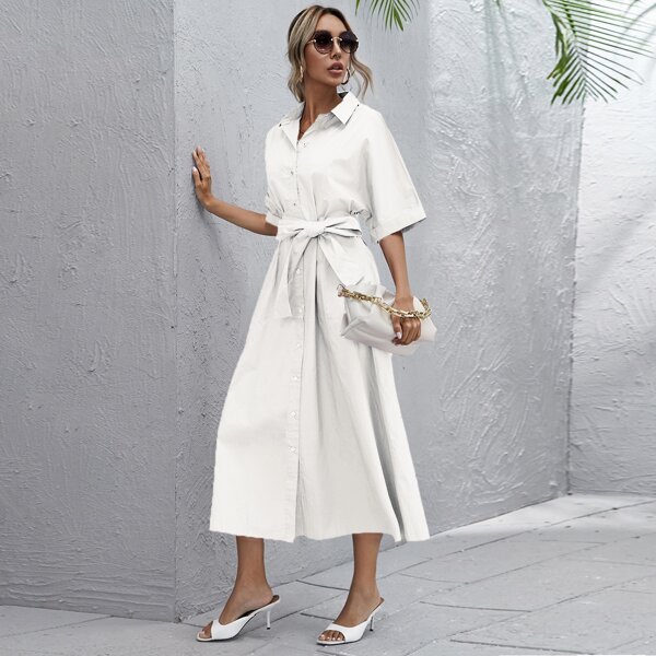 

Roll Up Sleeve Button Front Belted Dress, White