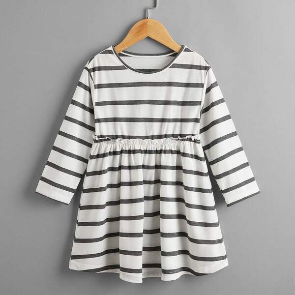 

Toddler Girls Frill Trim Striped Dress, Black and white