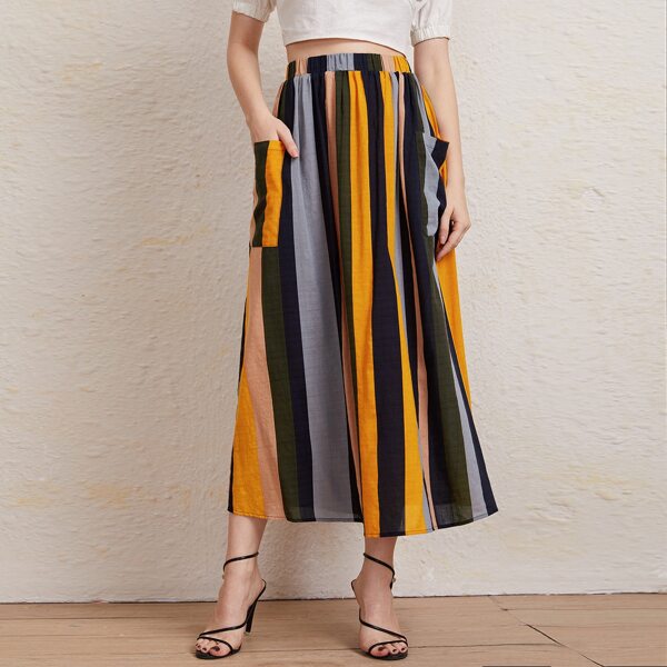 

Pocket Patched Striped Skirt, Multicolor