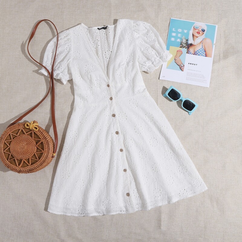 

Puff Sleeve Button Front Schiffy Dress, White