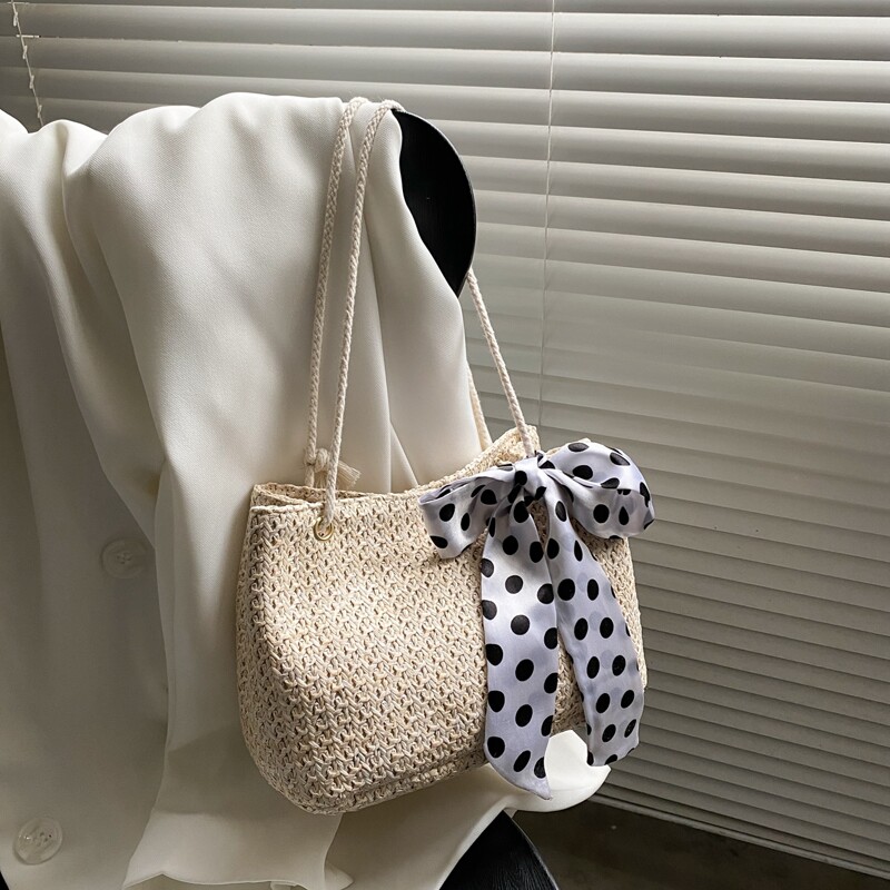 

Scarf Knot Straw Tote Bag, Beige