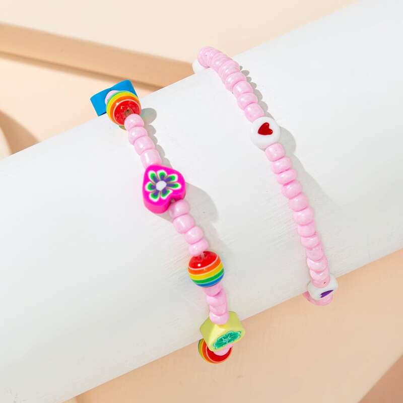

2pcs Flower & Heart Beaded Bracelet, Pink