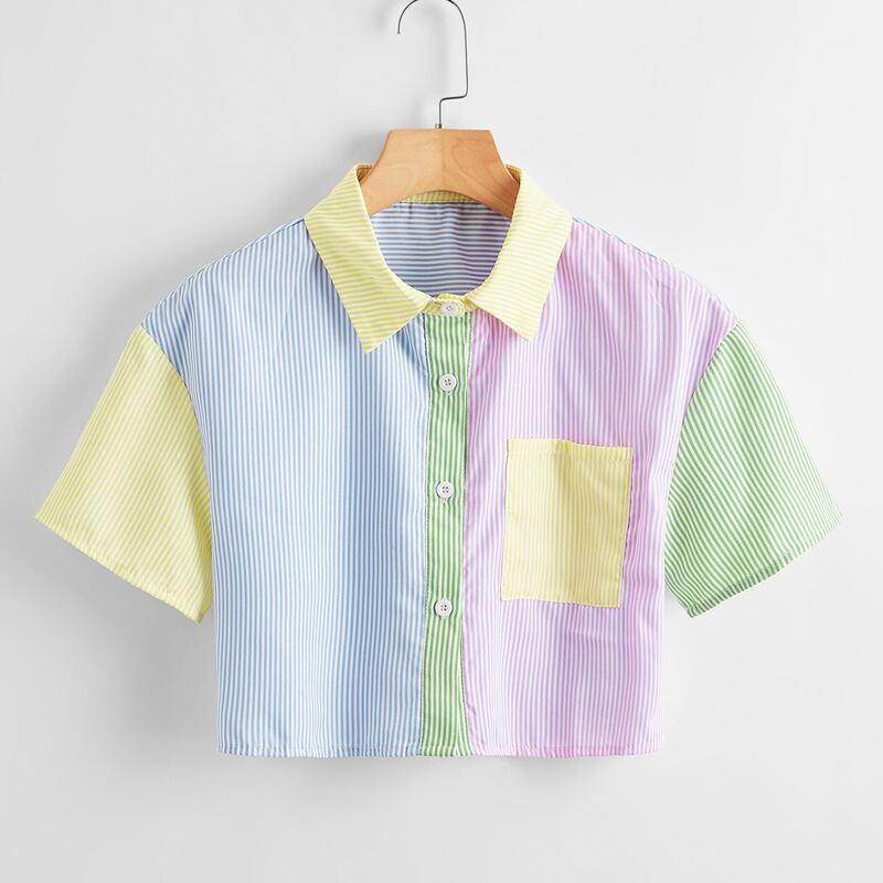 

Colorblock Striped Button Front Pocket Shirt, Multicolor