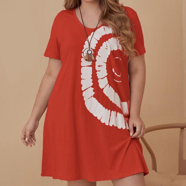

Plus Graphic Print Short Sleeve Tee Dress, Red