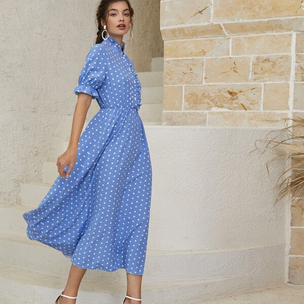

Polka Dot Frill Trimed Shirt Dress, Blue