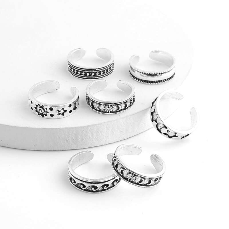 

7pcs Star & Moon Toe Ring, Antique silver