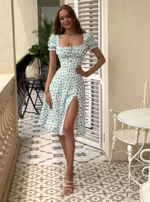 Allover Floral Split Thigh Milkmaid Dress - Multicolor - View 5