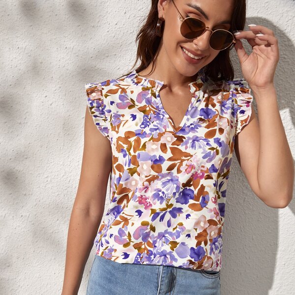 

Notched Neck Allover Floral Print Blouse, Multicolor