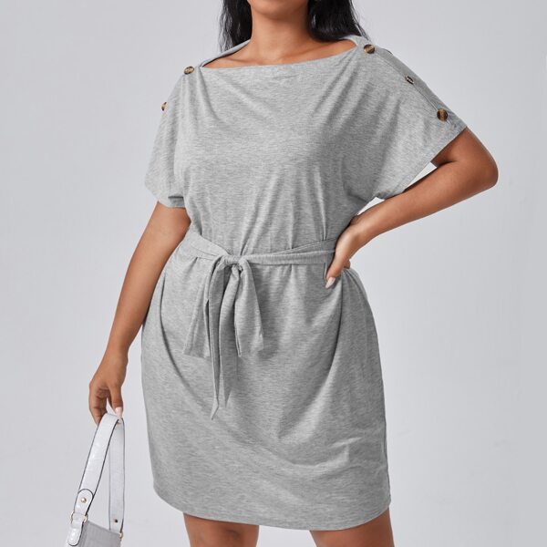 

Plus Boat Neck Self Tie Tee Dress, Grey