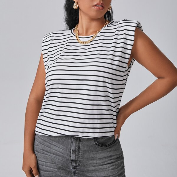 

Plus Striped Shoulder Pad Tee, Black and white
