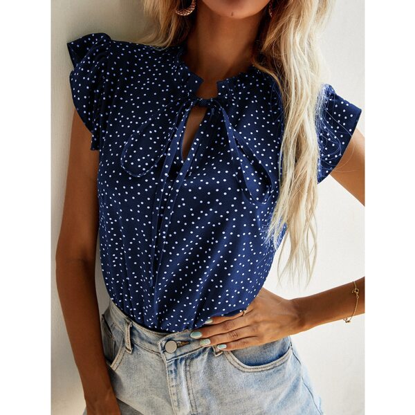 

Polka Dot Tie Neck Bodysuit, Navy blue