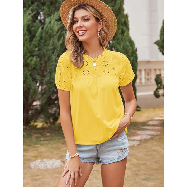 

Contrast Schiffy Keyhole Back Blouse, Yellow