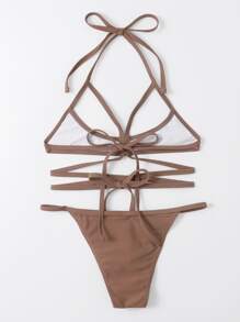 Bikini halter con cortes cruzados, para playa y vacaciones de verano - Marrón - Ver 2