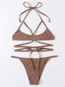 Bikini halter con cortes cruzados, para playa y vacaciones de verano - Marrón - Ver 3