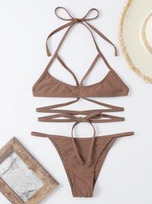 Bikini halter con cortes cruzados, para playa y vacaciones de verano - Marrón - Ver 4