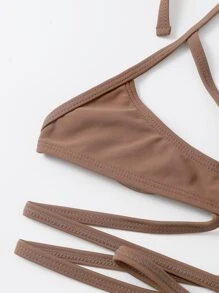 Bikini halter con cortes cruzados, para playa y vacaciones de verano - Marrón - Ver 6