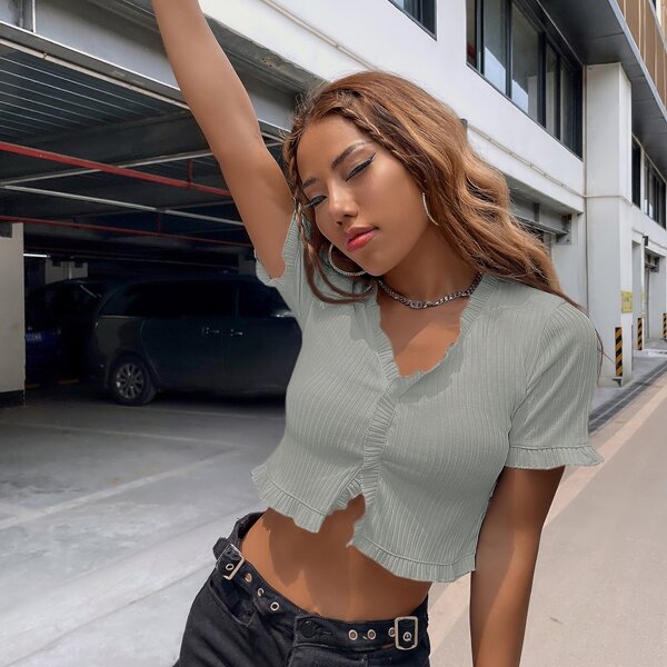 

Frill Trim Rib-Knit Crop Top, Green