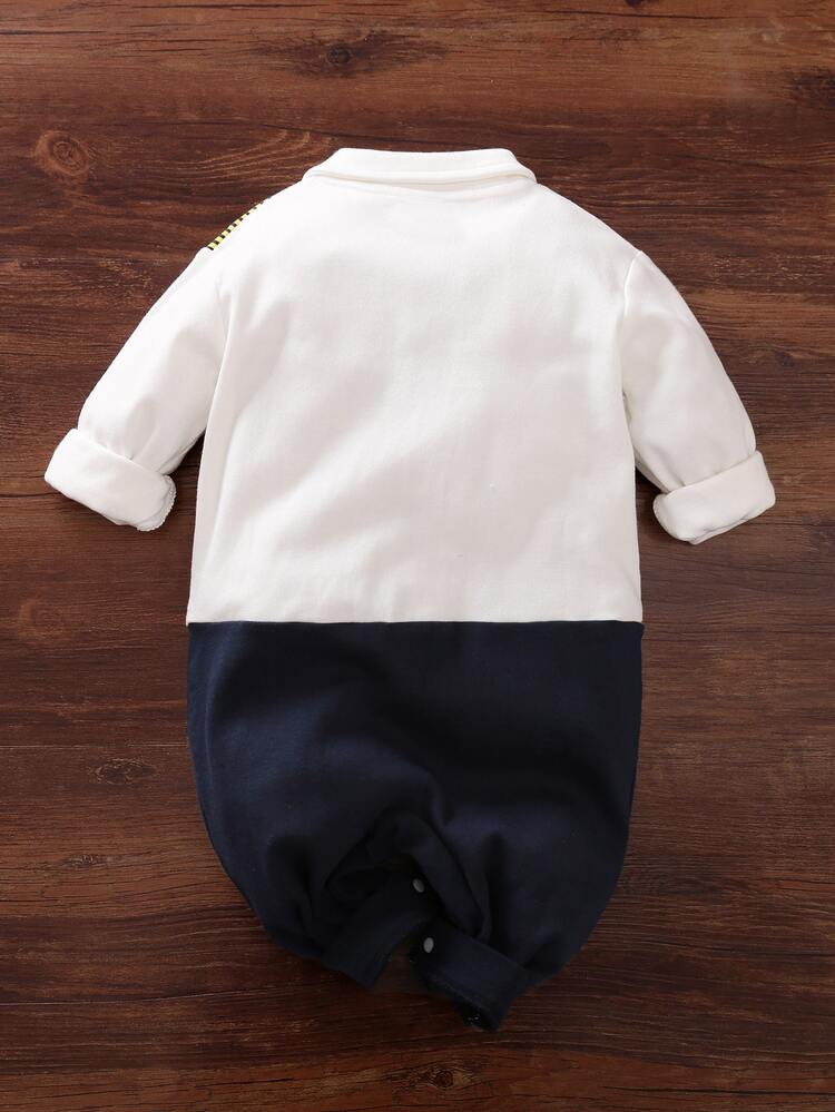 Yierying 男嬰拼色繫帶領連身長褲 - 藍白色 - 查看 2