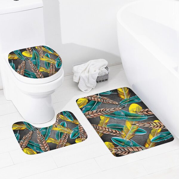 

1pc Feather Print Bath Mat, Multicolor
