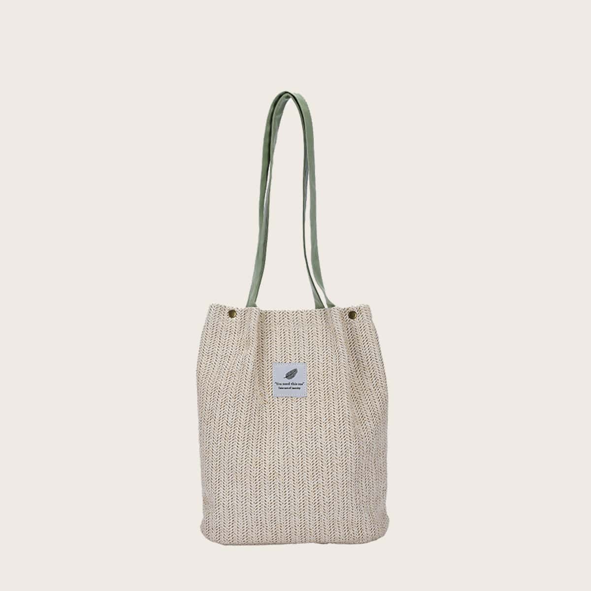 

Letter Patch Straw Tote Bag, Green