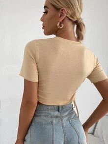 Drawstring Side Rib-knit Tee - Khaki - View 2