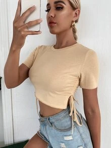 Drawstring Side Rib-knit Tee - Khaki - View 4